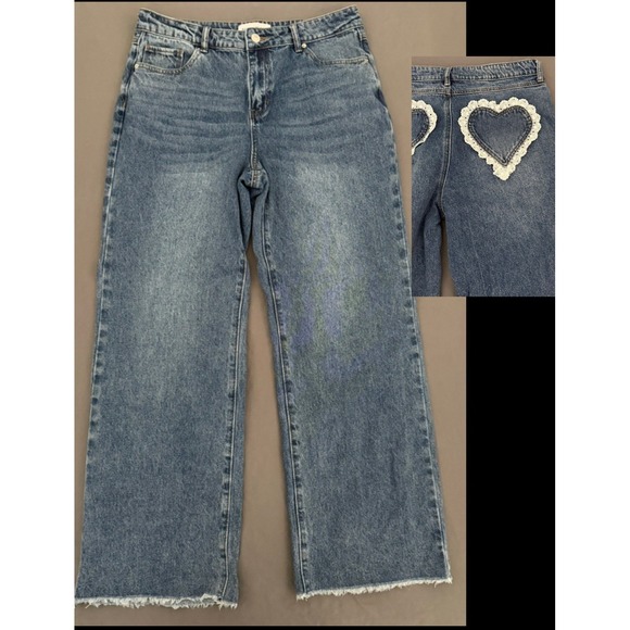 Mason Denim - Ashley Mason Wide Leg Jeans Womens Sz 13/31 Lace Heart Pockets Raw Hem High Rise